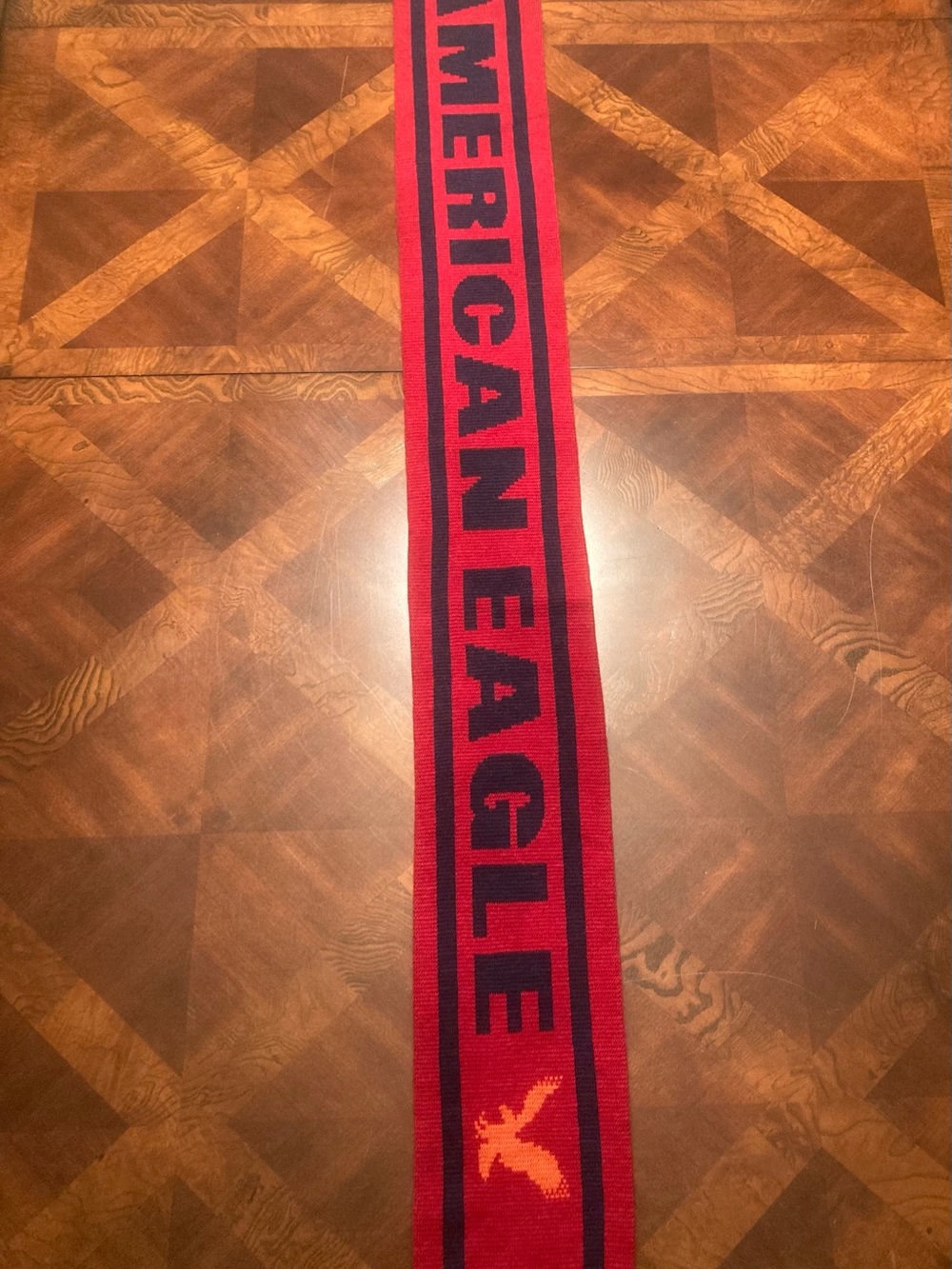 American Eagle Vintage Knit Scarf Red Navy Logo Fringew